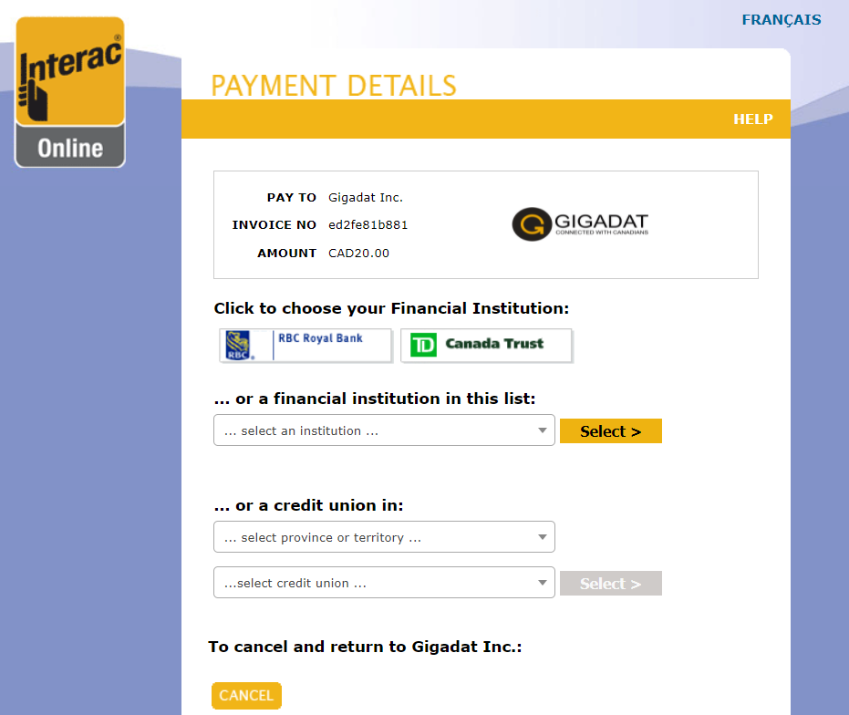 Interac Online payment page