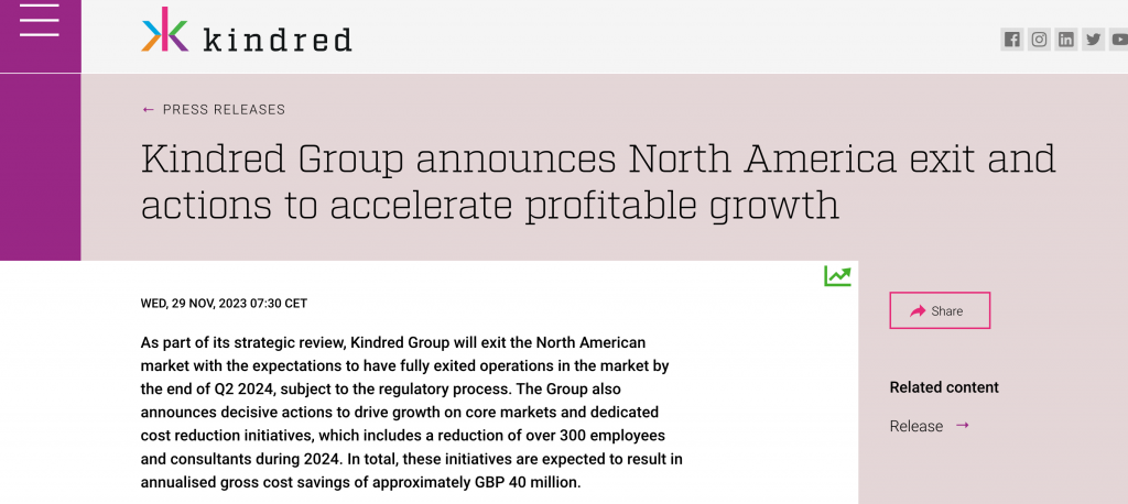 Kindred Group's Press Release on Their Withdrawal from the North American Market