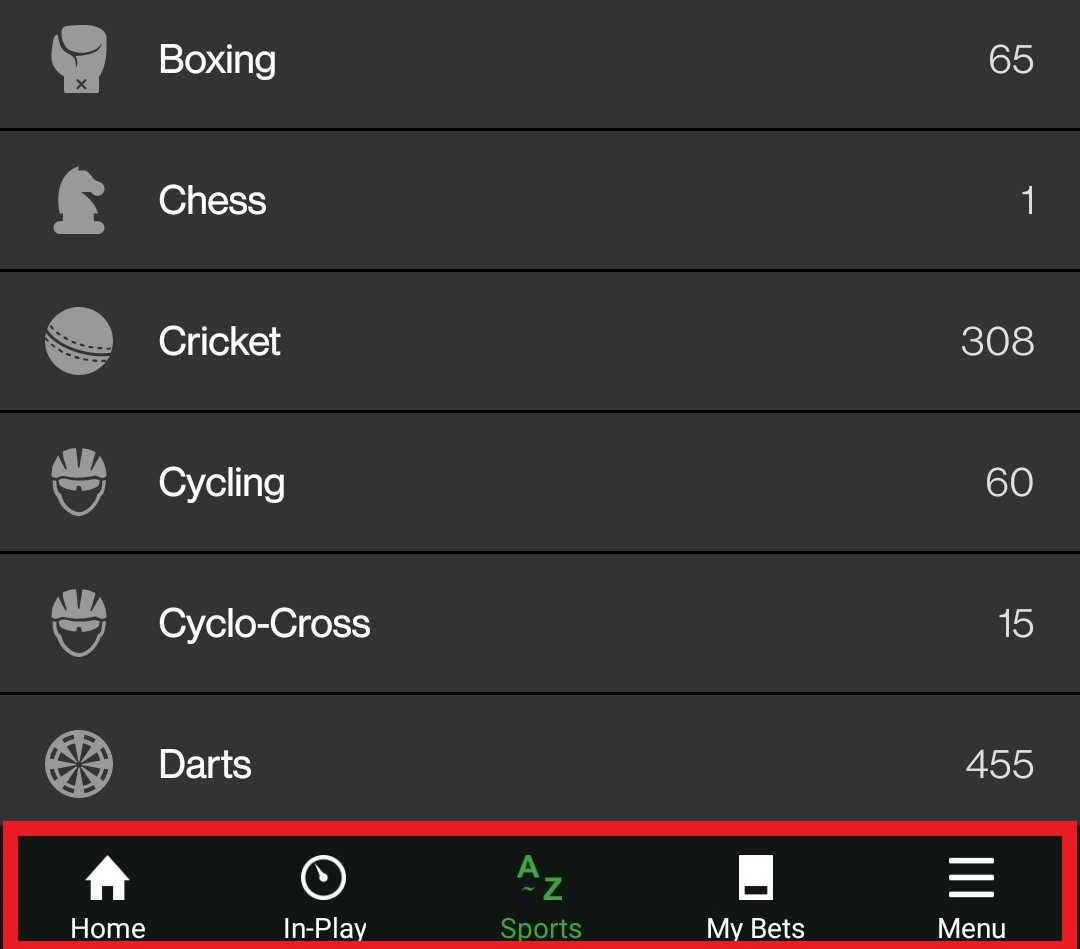 Unibet mobile app navigation