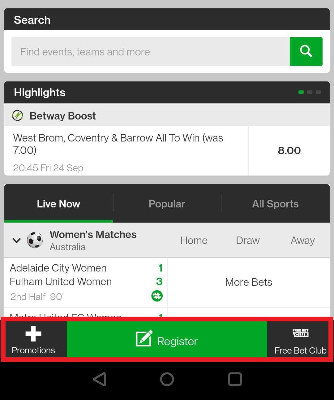 betway app menu bar