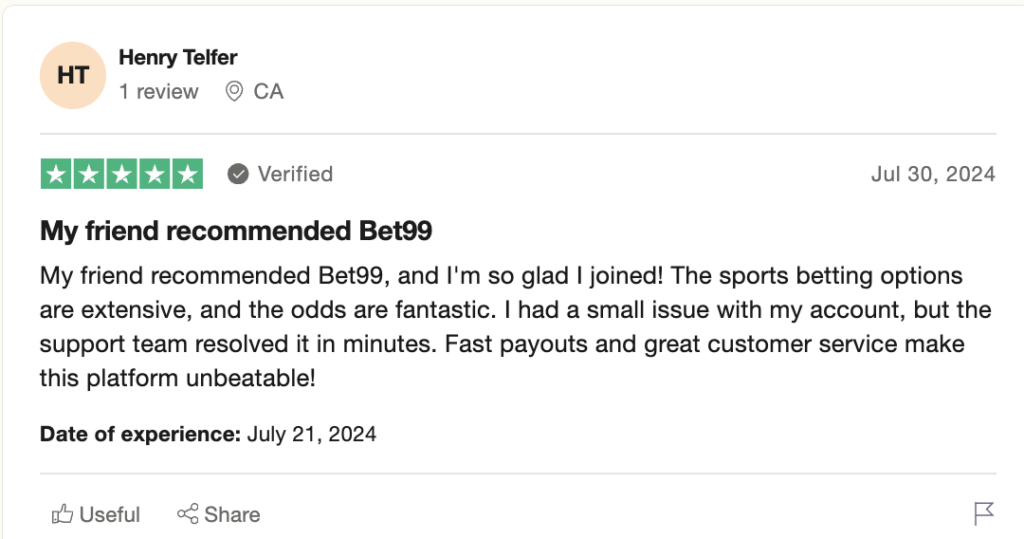 Bet99 review by Henry on TrustPilot