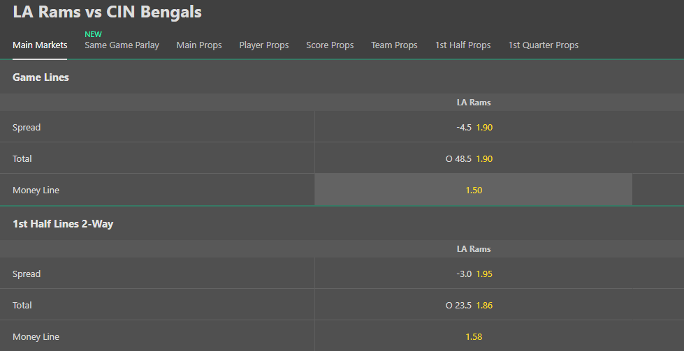 LA Rams vs CIN Bengals Bet types Bet365