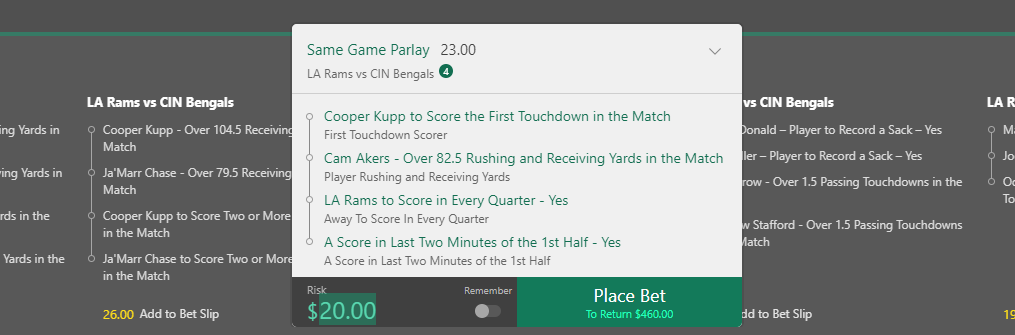 Same Game Parlay Super Bowl Bet365