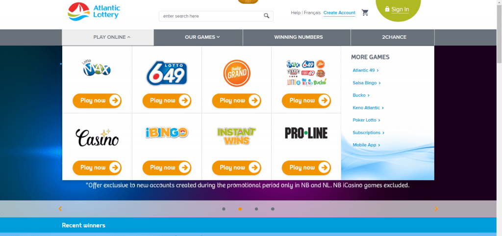 Homepage of the Atlantic Lottery Corporation's platform