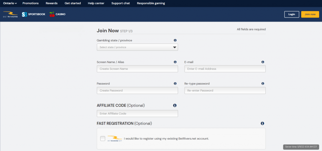 BetRivers Registration Step One