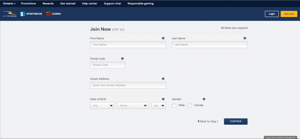 BetRivers Registration Step Two