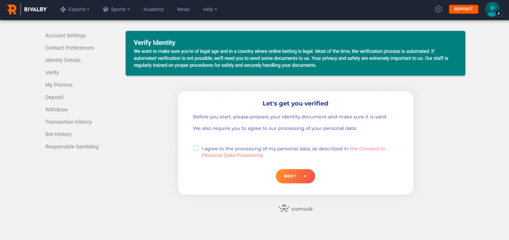 Signing Up at Rivalry - Agree to Data Processing