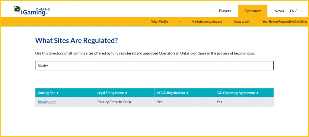 Rivalry Is Fully Licensed to Operate in Ontario