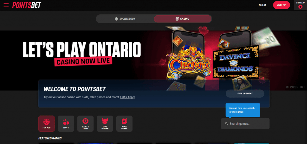 PointsBet Casino Homepage
