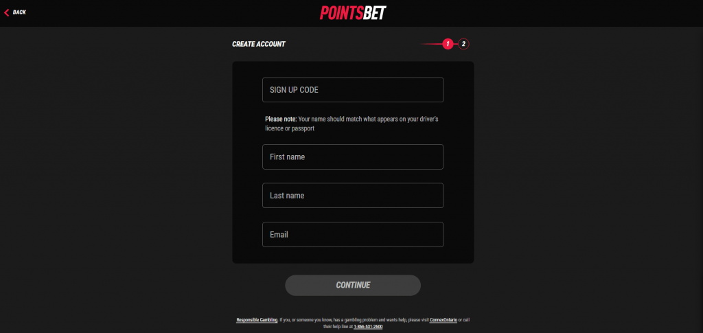 PointsBet Registration Step One