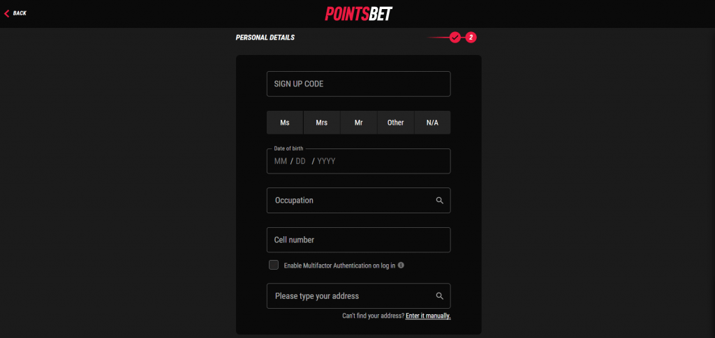 PointsBet Registration Step Two (part one)