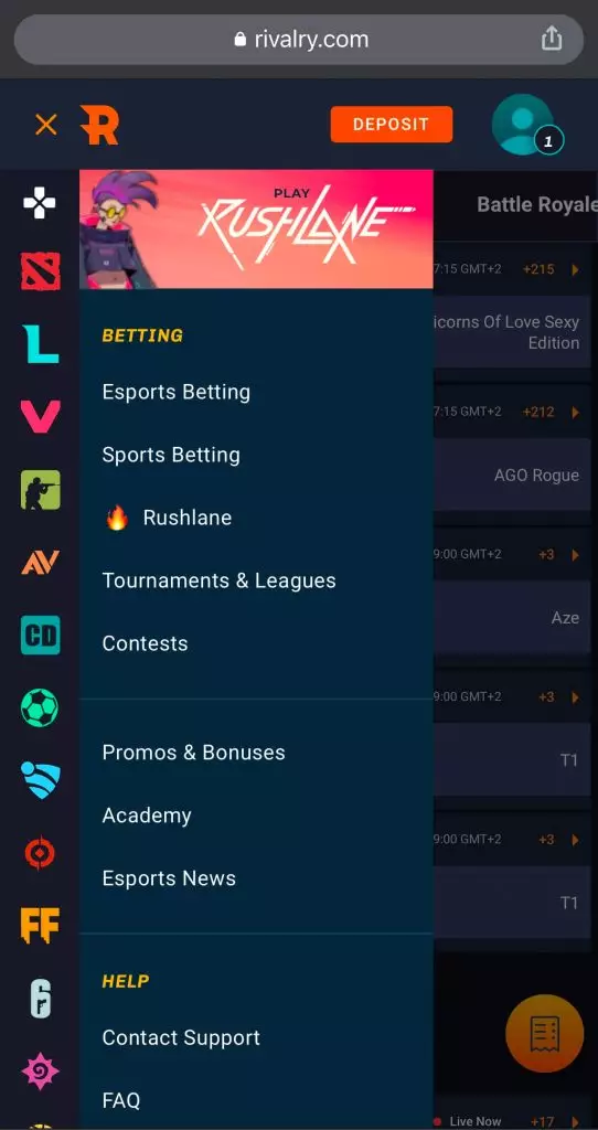 Rivalry's Mobile Site Menu