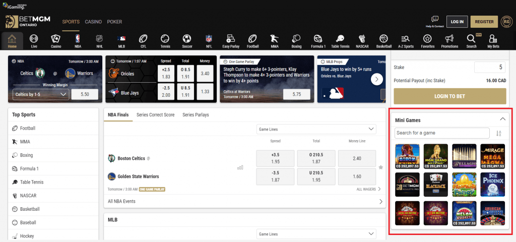 BetMGM Homepage Mini Games