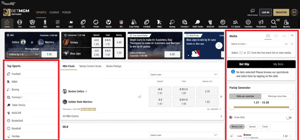 BetMGM Homepage Side Bars