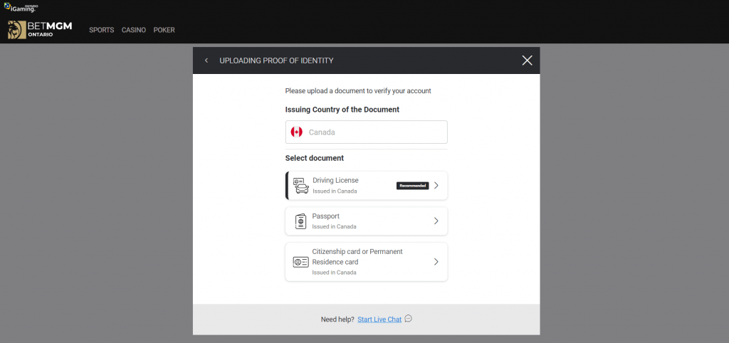 BetMGM Uploadign Proof of Identity - Selfie Verification