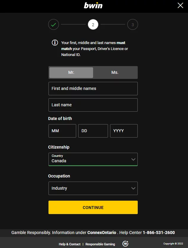 bwin sign up process, step 2