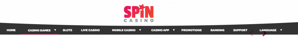 Spin Casino navigation bar — download app