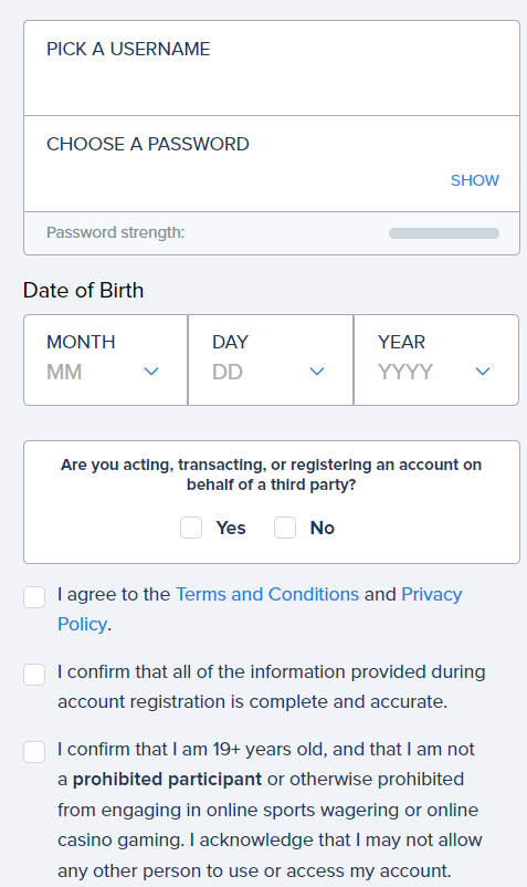 FanDuel registration form — username and password
