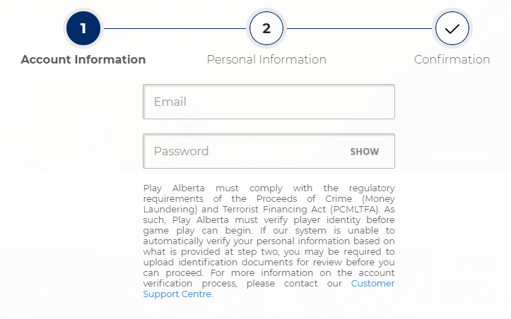 Play Alberta registration process — email and password