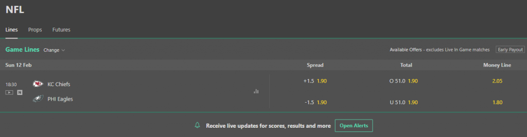 Alerts for Super Bowl game score changes at bet365