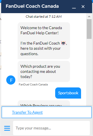 FanDuel chat — requesting to transfer to agent