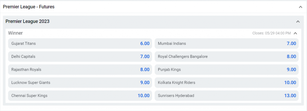 IPL Futures odds at Betano