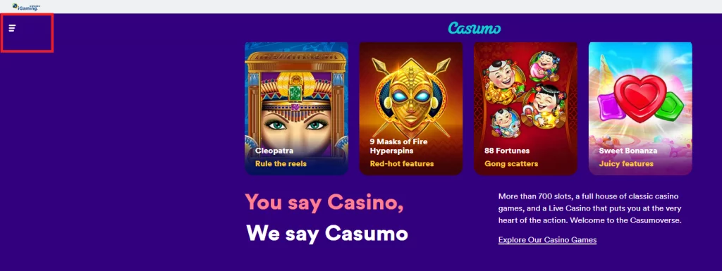 Casumo's minimalistic menu