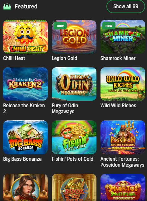 Selection of casino games at the Bet99 app