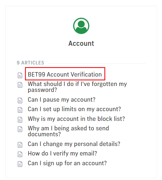 Bet99 account verification info