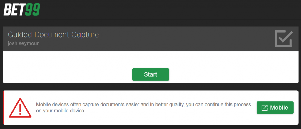 Bet99 guided document capture for account verification