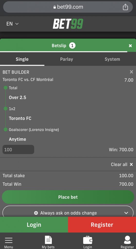 Bet99 bet builder example