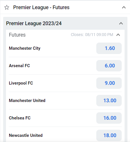 Outright winner of Premier League 2023/24: odds at Betano