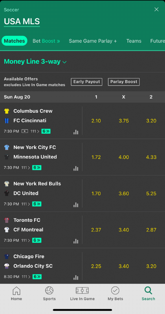 MLS 3-way moneyline odds