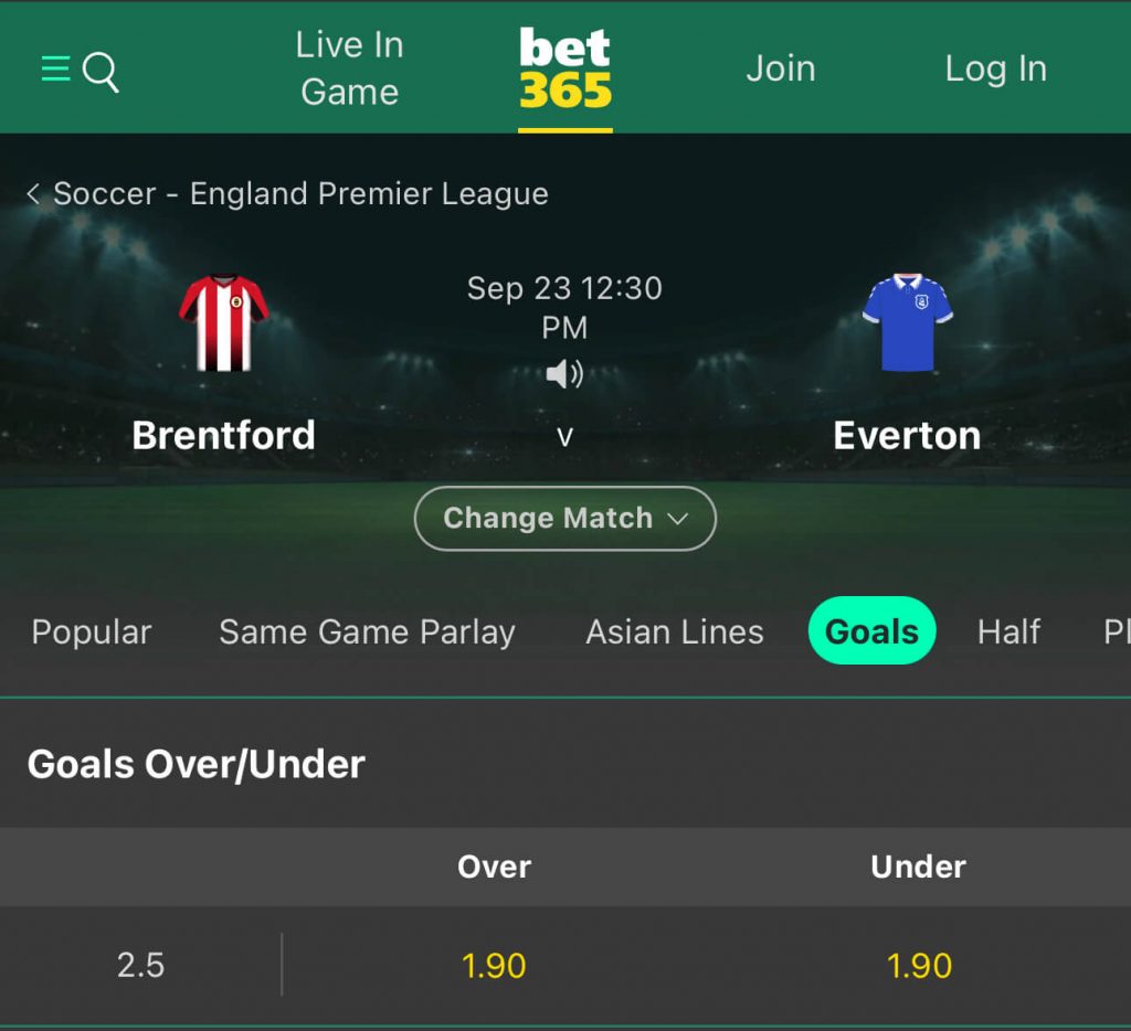 Brentford v Everton Goals Over/Under at bet365