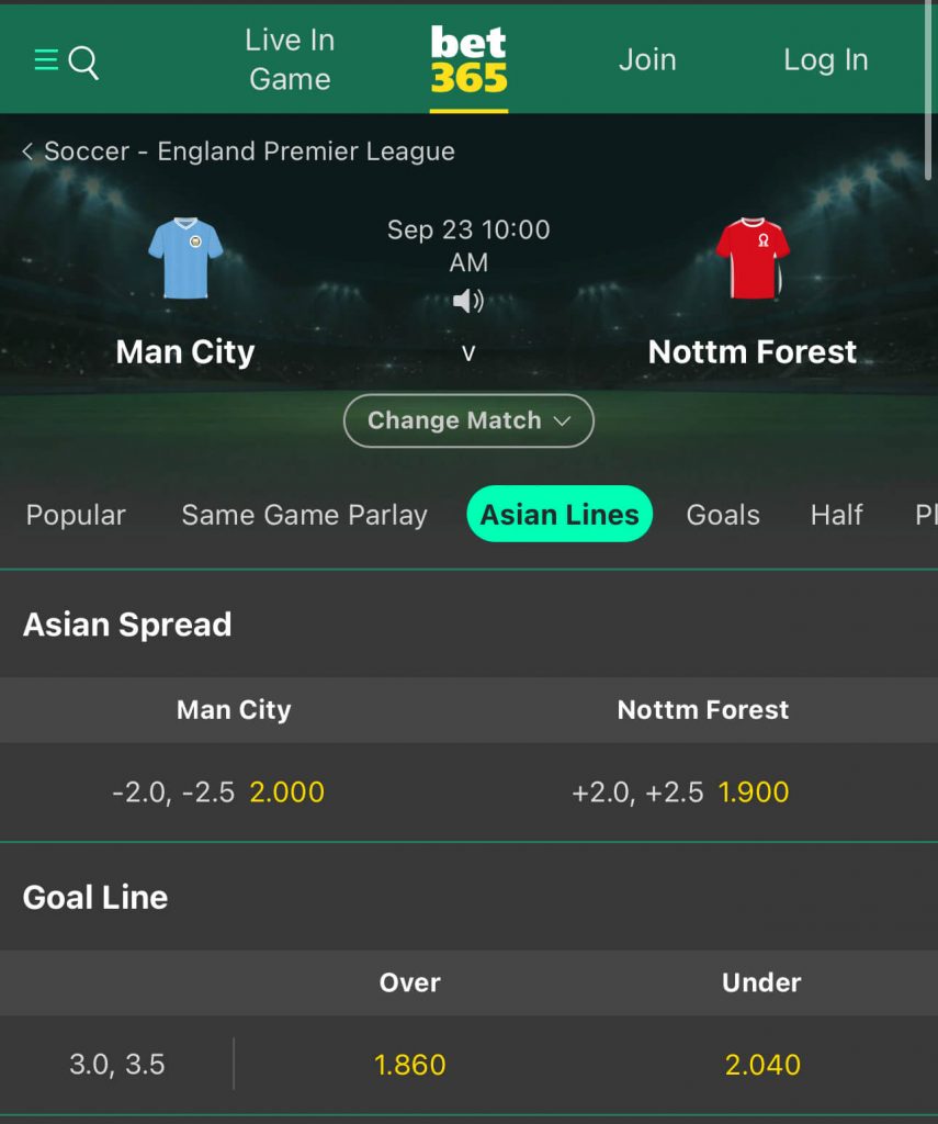 Man City v Nottingham Forest, Asian totals at bet365