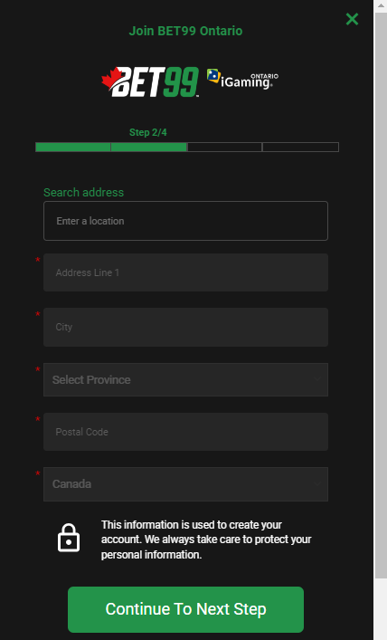 Bet99 sign up form: address and province