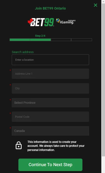 Bet99 sign up form: address and province