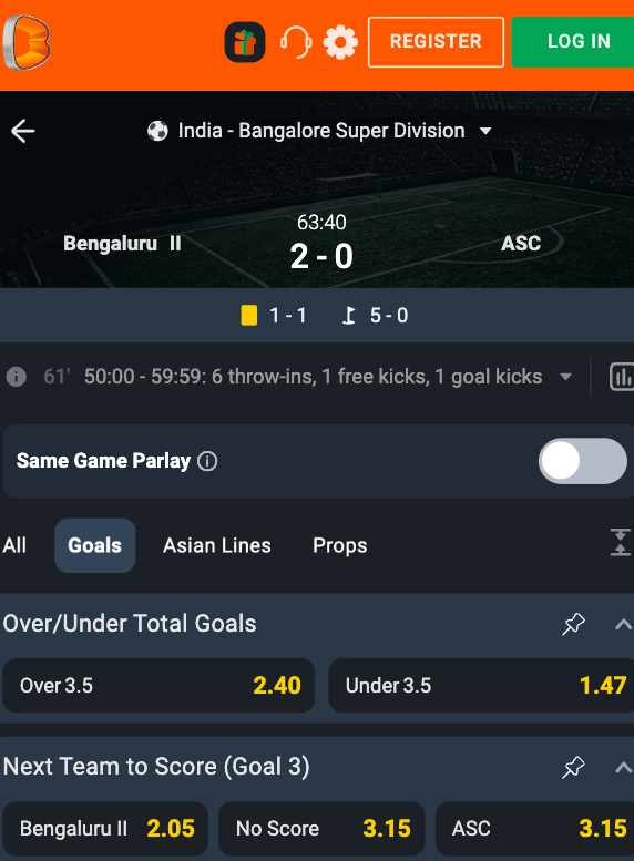 Bengaluru vs ASC "to score next goal" betting market