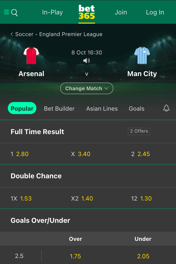 pre-match odds for Arsenal vs Man City
