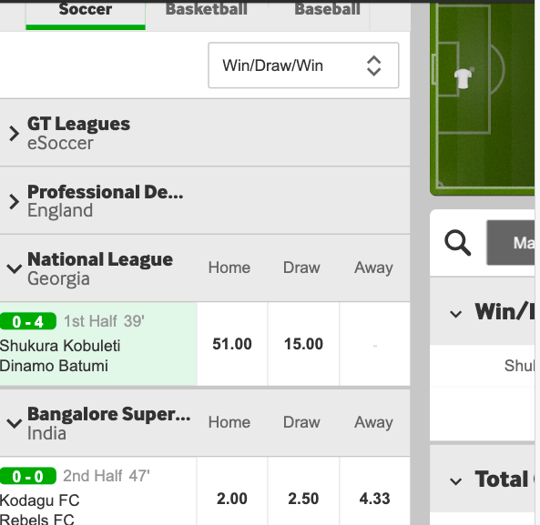 1x2 betting market example during live betting at Betway