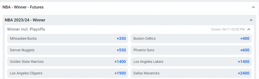 NBA winner odds at Betano