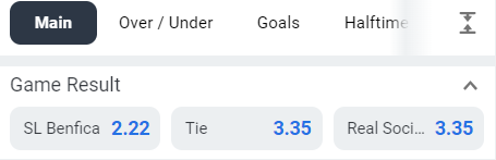 Example of a three-way moneyline bet for SL Benfica vs Real Sociedad at Betano