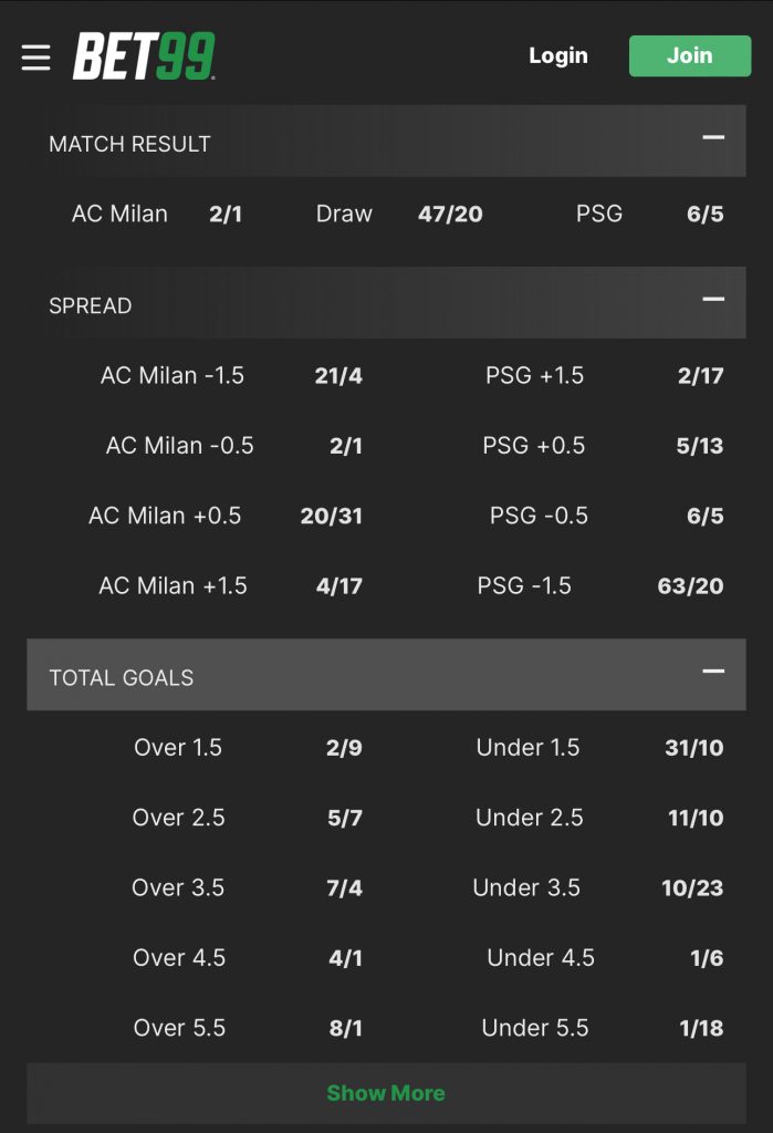 AC Milan PSG Champions League bet99 Fractional Odds