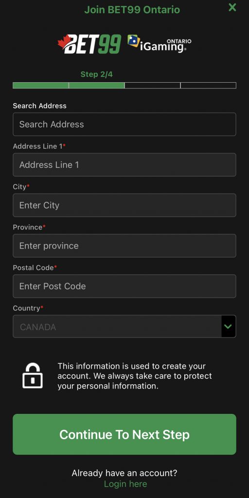 Account Signup Address Input Screen