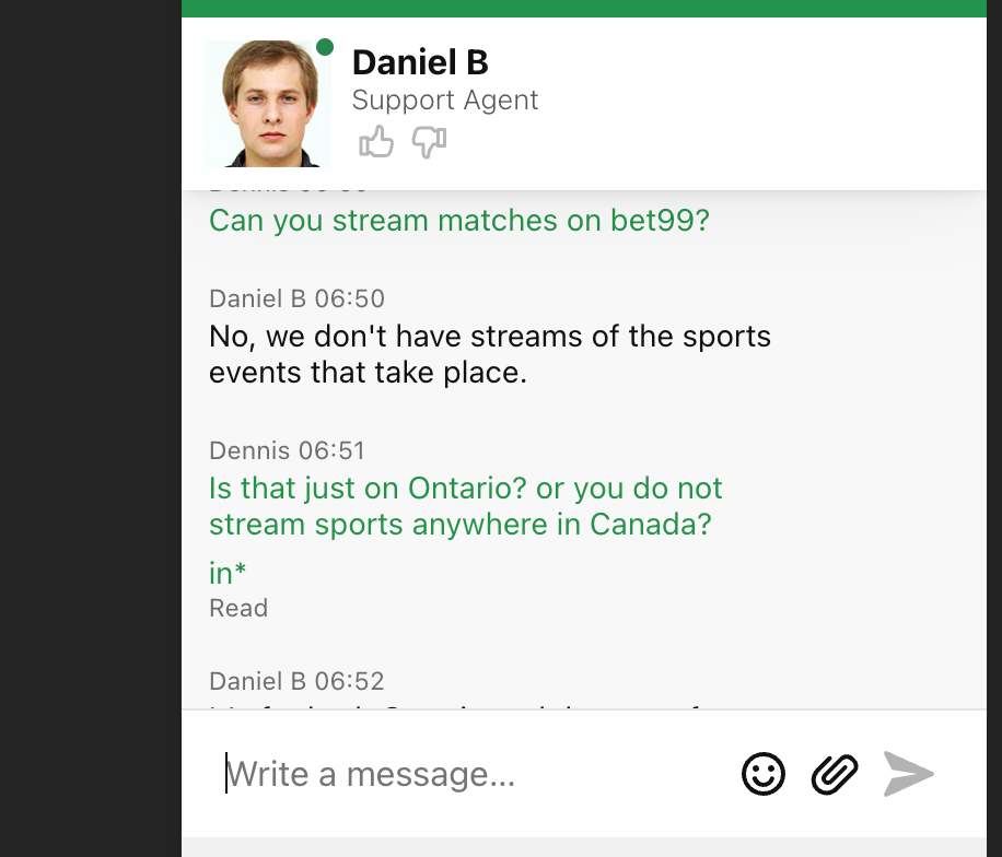 Bet99 Support Chat confirming that they do not provide live streaming