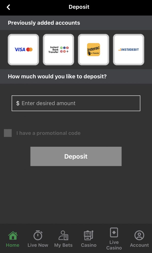 Enter your desired deposit amount and click 'deposit' to proceed