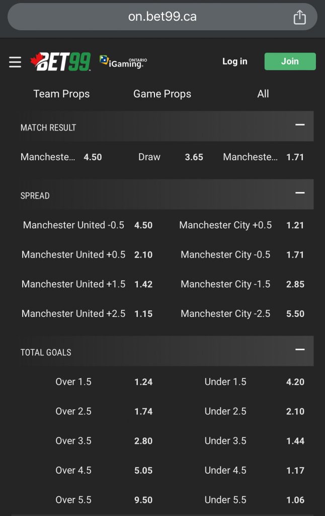 Implied Probability Manchester Derby Bet99