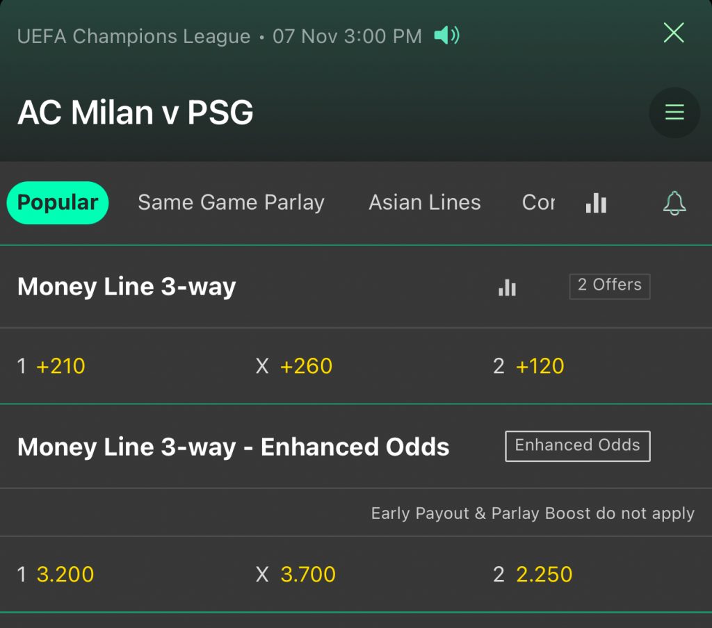 Milan PSG American Decimal Odds