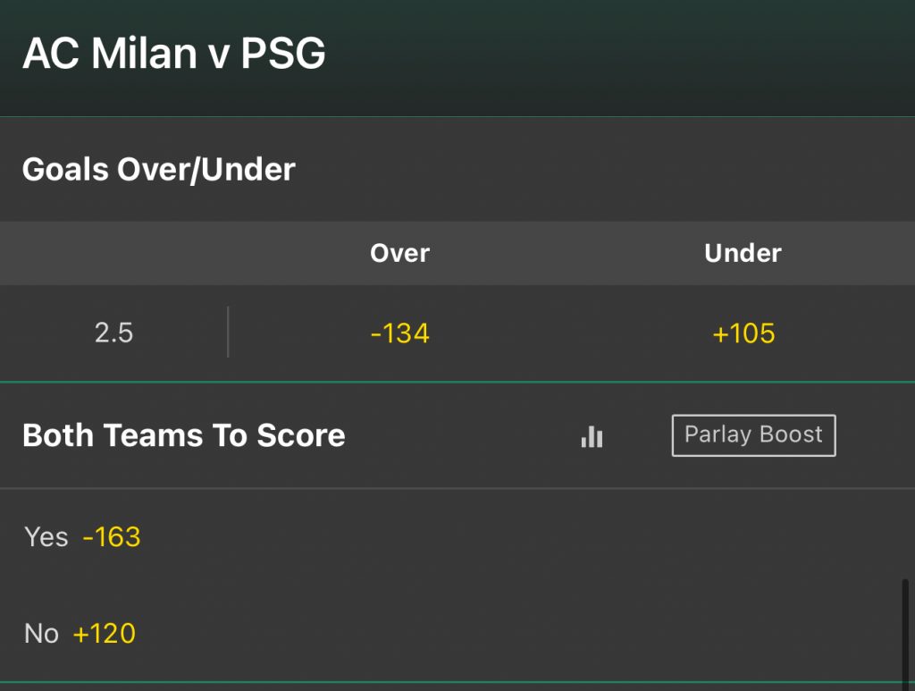 Milan PSG Champions League Total BTTS American Odds