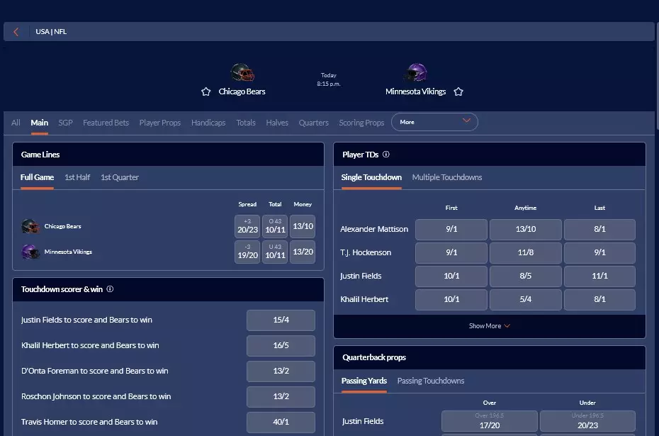 Sports Interaction neatly organises NFL single game betting pages